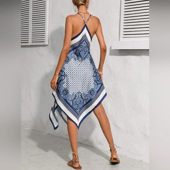 Dresses | New Chic Boho Handkerchief Hem Cami Tank Dress White Blue |  Poshmark